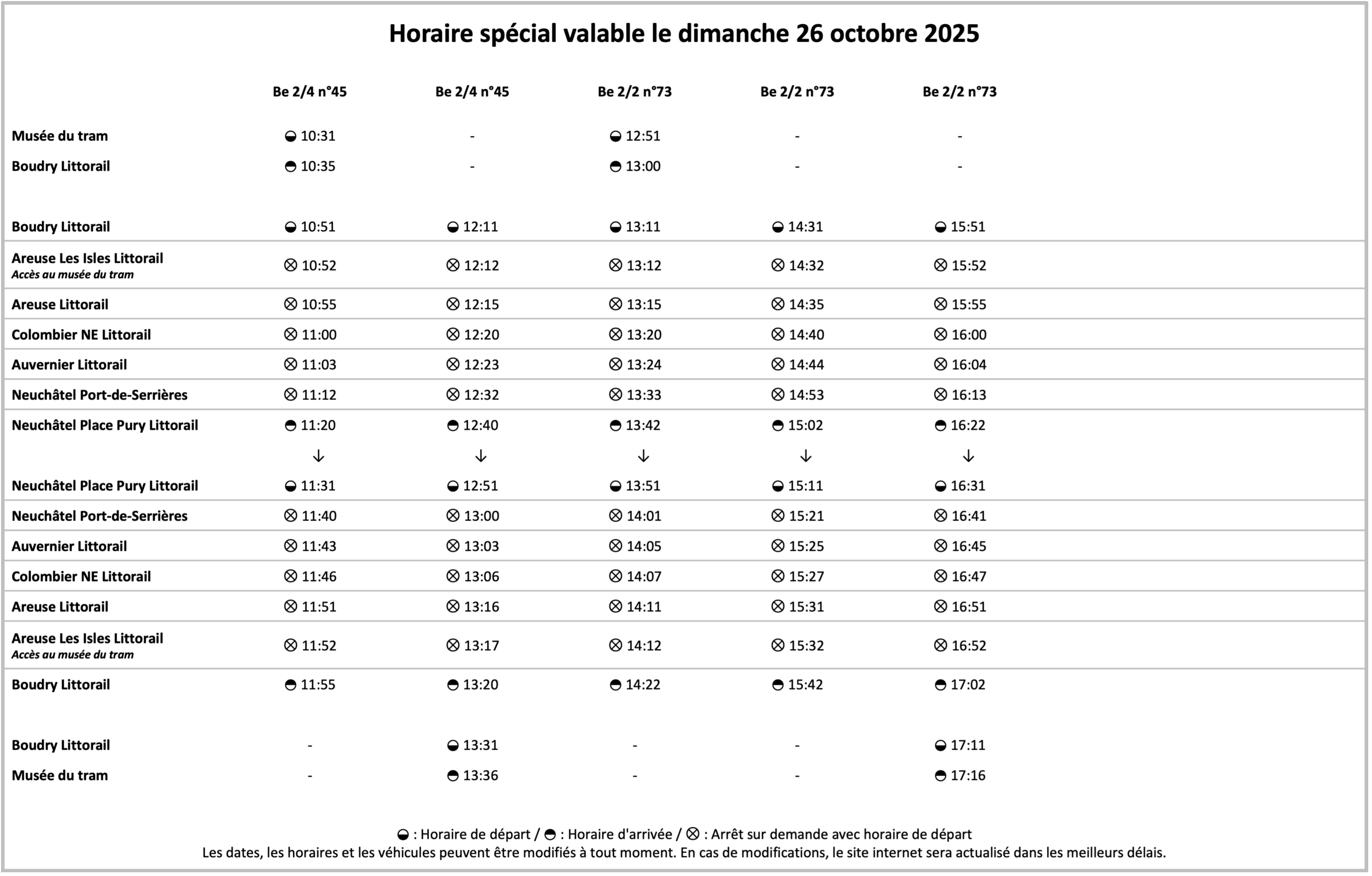 Horaire spécial 26.10.2025