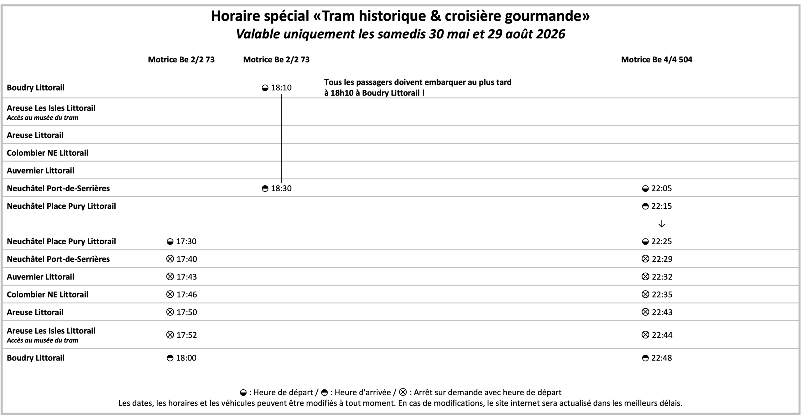 Horaire tram bateau 2026