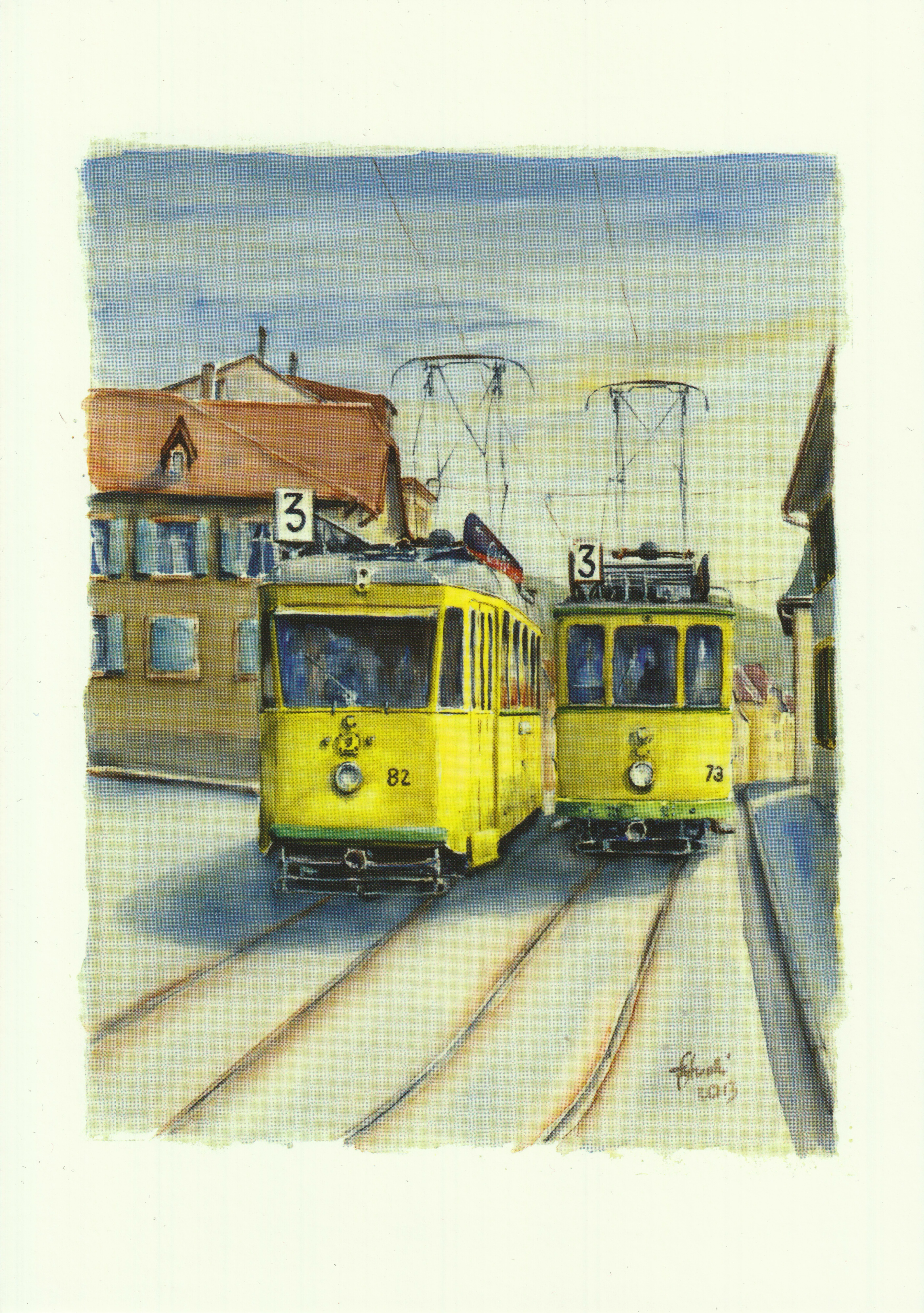 Motrices 73 et 82 croisant à Peseux (portrait)